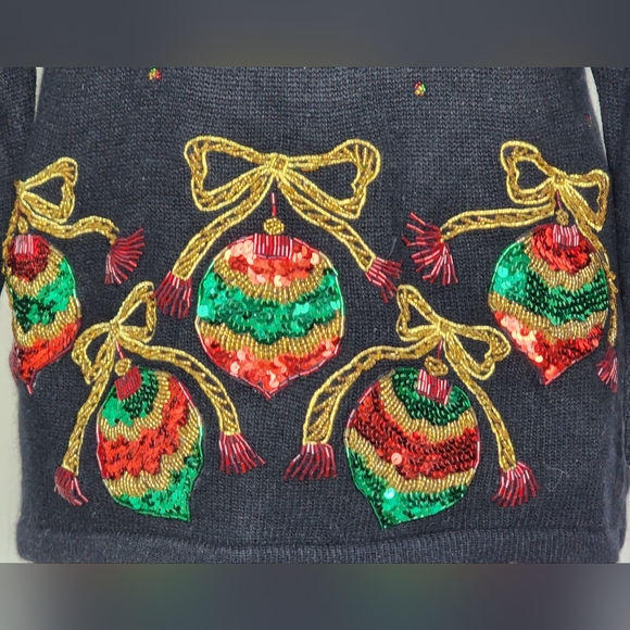 Vintage 80s black beaded sequin Xmas Christmas ornaments novelty sweater S - Picture 2 of 8
